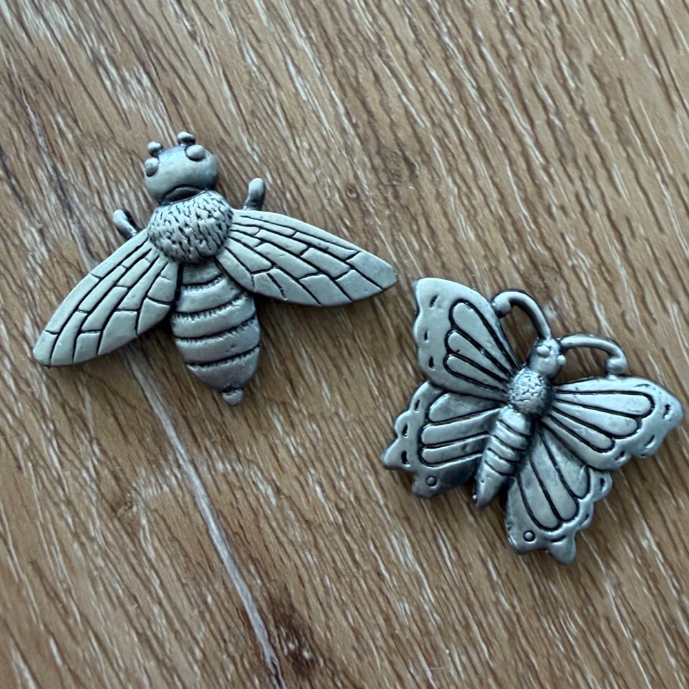 Vintage Pewter Tone Insect Magnets Set Bee and Butterfly Decor 2pc